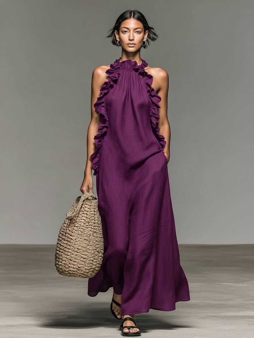 Robe maxi sans manches au design minimaliste en lin MDZ1622A0Y