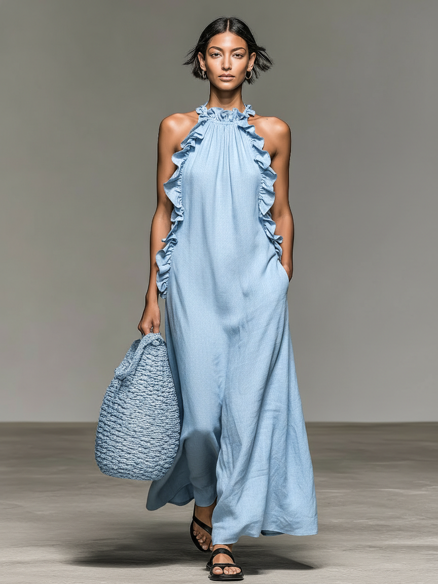 Robes maxi sans manches en lin minimaliste avec des détails en dentelle