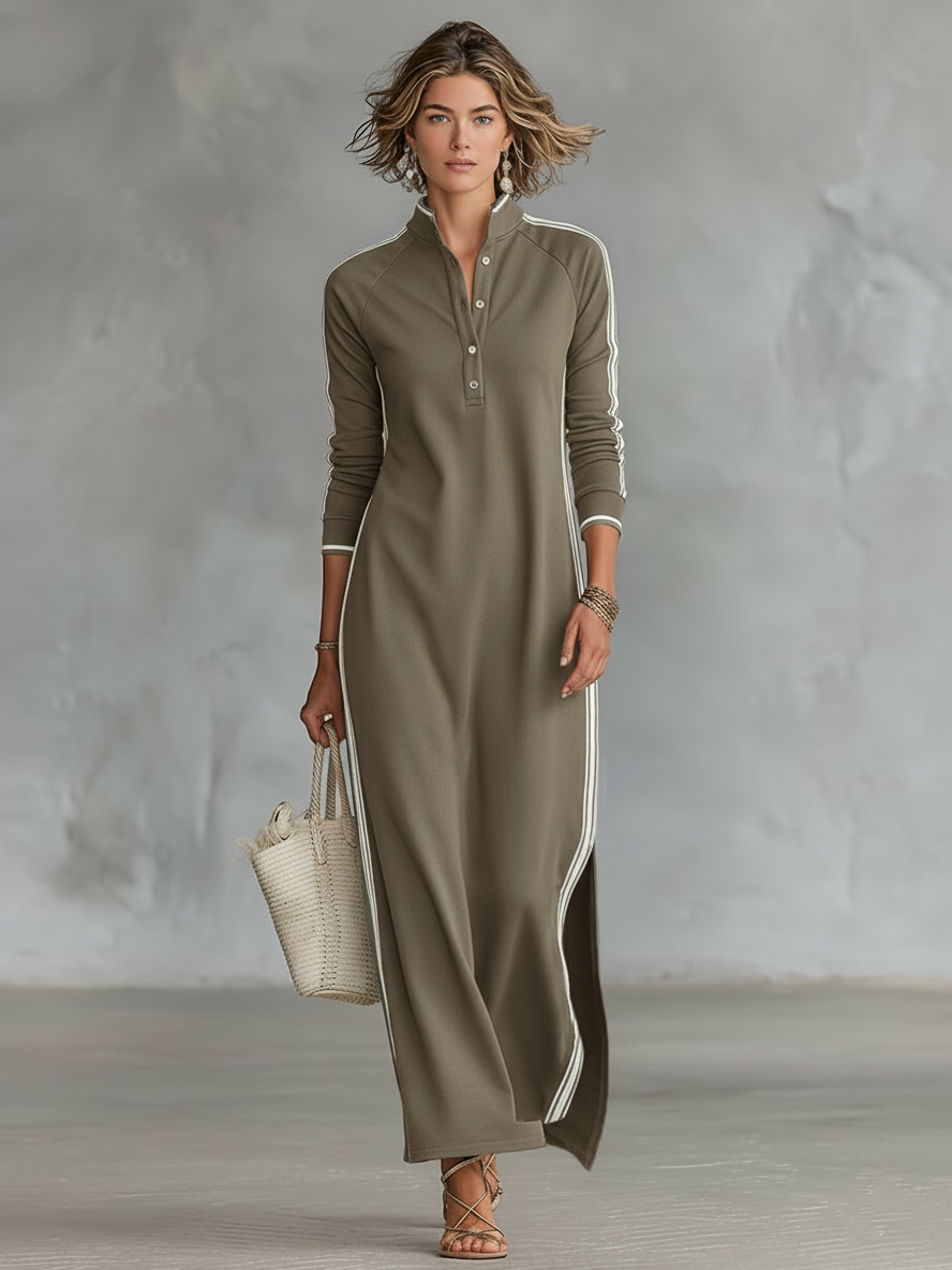 Robe maxi avec col à boutons style pull pour femmes avec bords blancs MDA0958L0Y