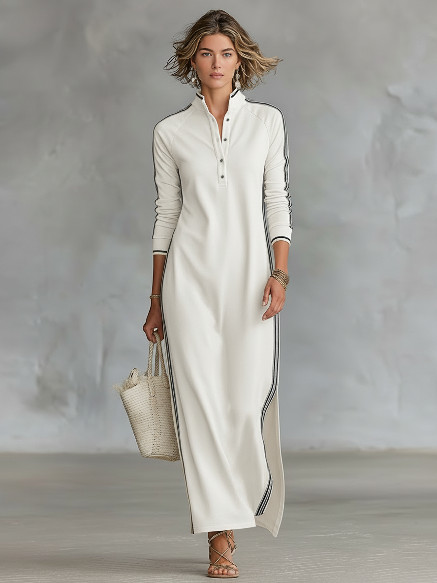 Robe maxi avec col à boutons style pull pour femmes avec bords blancs MDA0958L0Y