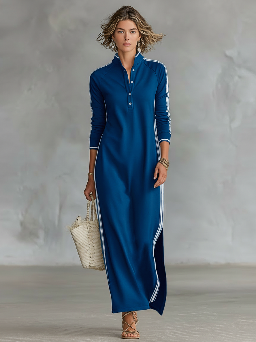 Robe maxi avec col à boutons style pull pour femmes avec bords blancs MDA0958L0Y