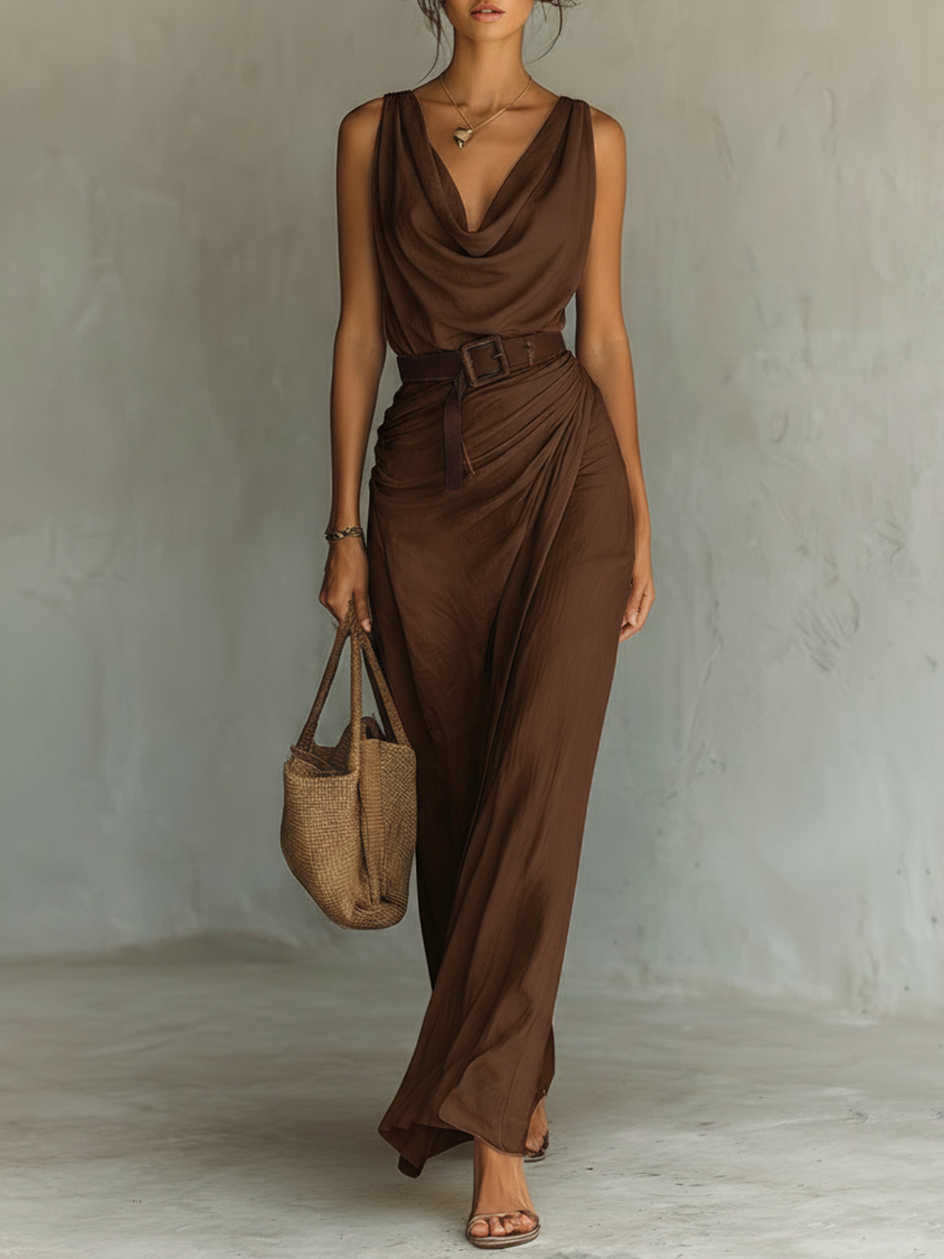 Robe maxi pour femmes avec col minimaliste sans manches avec ceinture MDZ1262A0Y