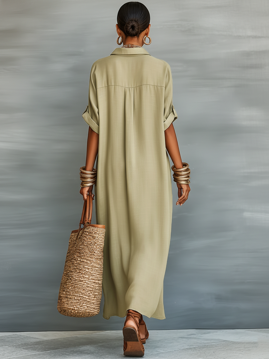 Robes maxi à manches courtes en lin conçues pour femmes