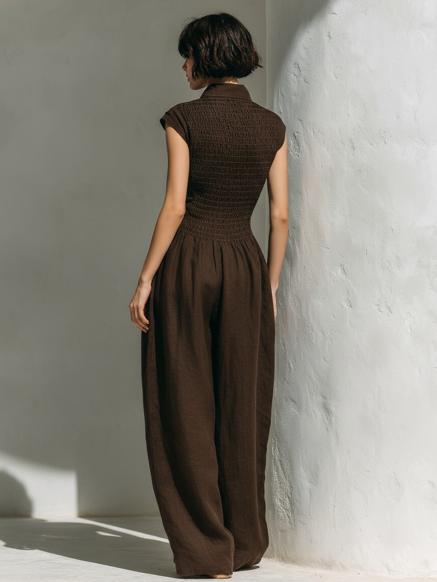 Combinaison en lin minimaliste pour femmes avec manches courtes et jambes larges MDZ0863A5Y