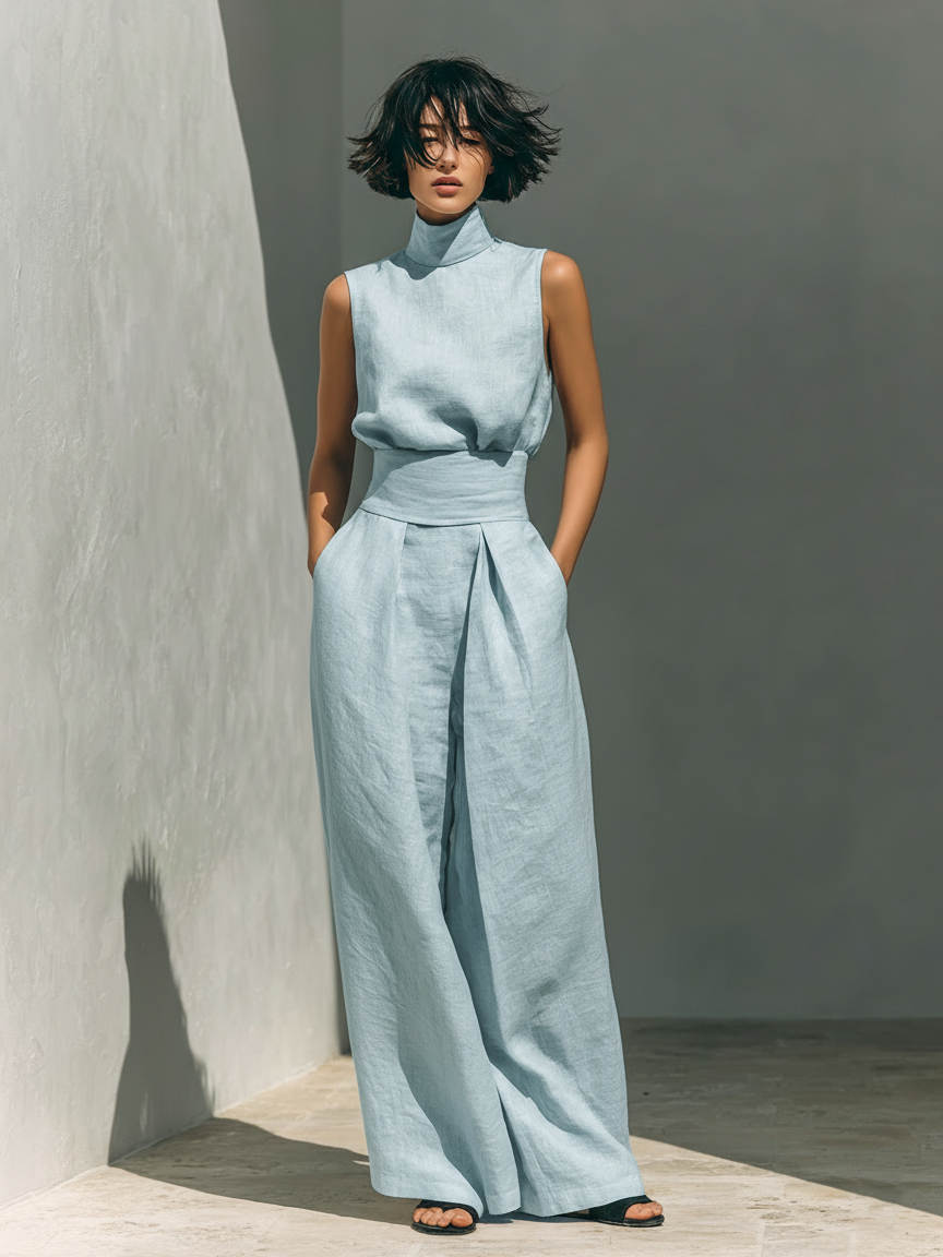 Ensemble composé d'un haut sans manches et d'un pantalon large en coton et lin.