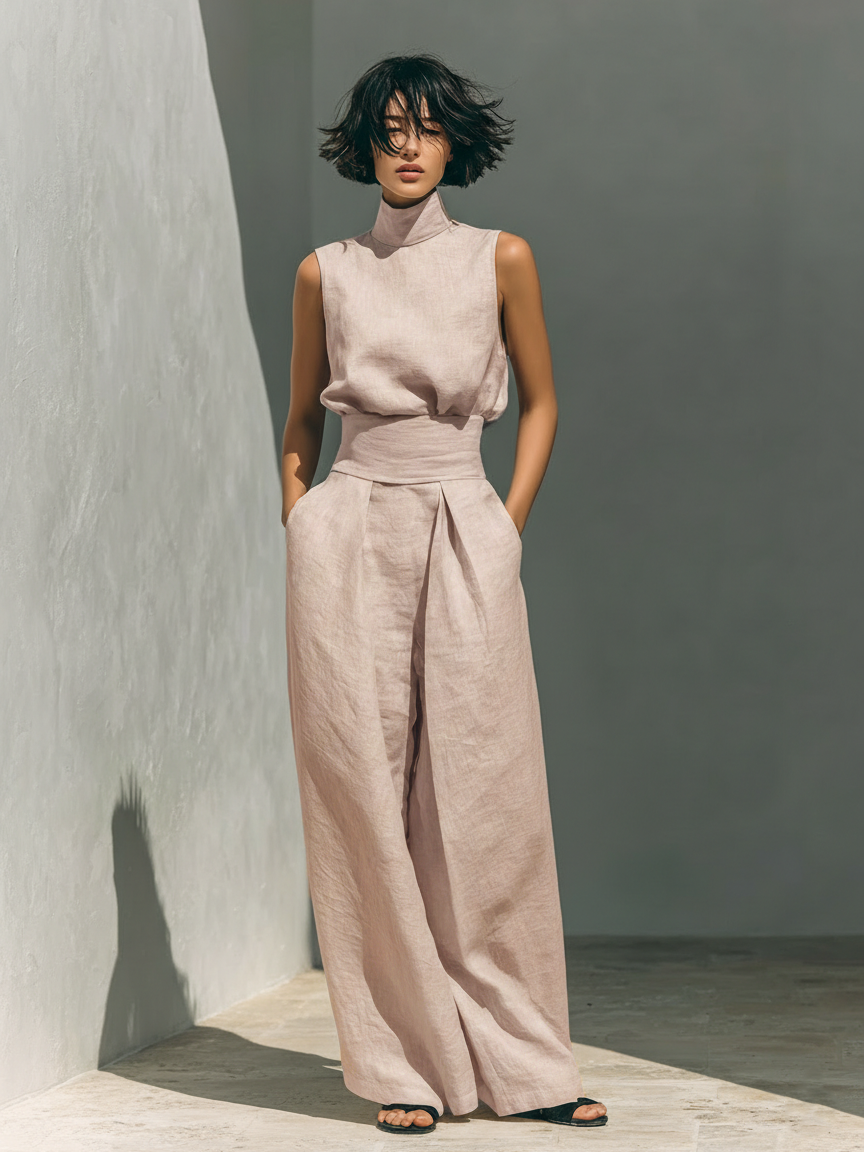 Ensemble composé d'un haut sans manches et d'un pantalon large en coton et lin.