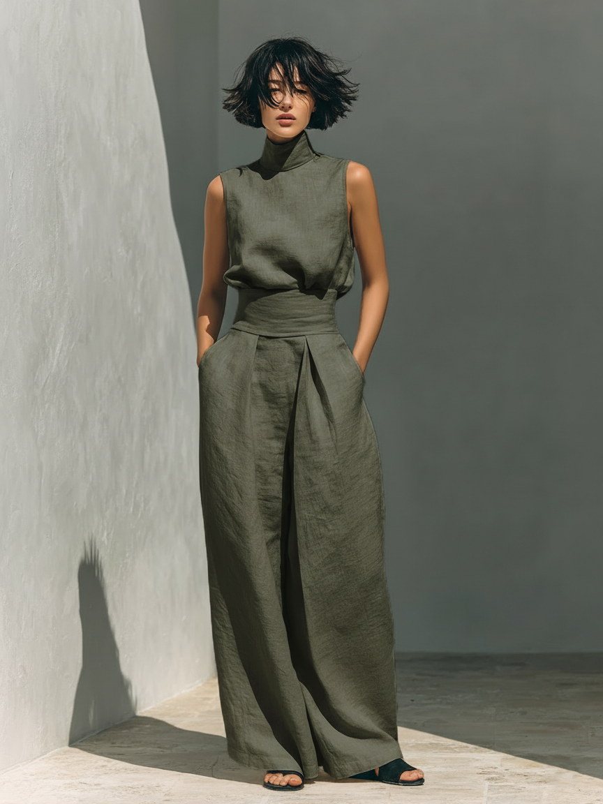 Ensemble de haut sans manches en coton et lin avec un pantalon large MDZ0873A5Y