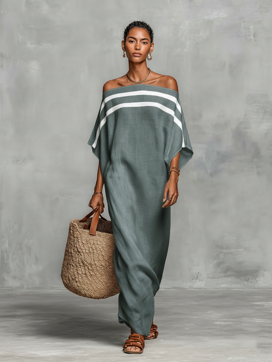 Robes maxi pour femmes dans un style minimaliste en mélange de lin avec des manches batwing et une épaule dénudée MDZ0949A8Y