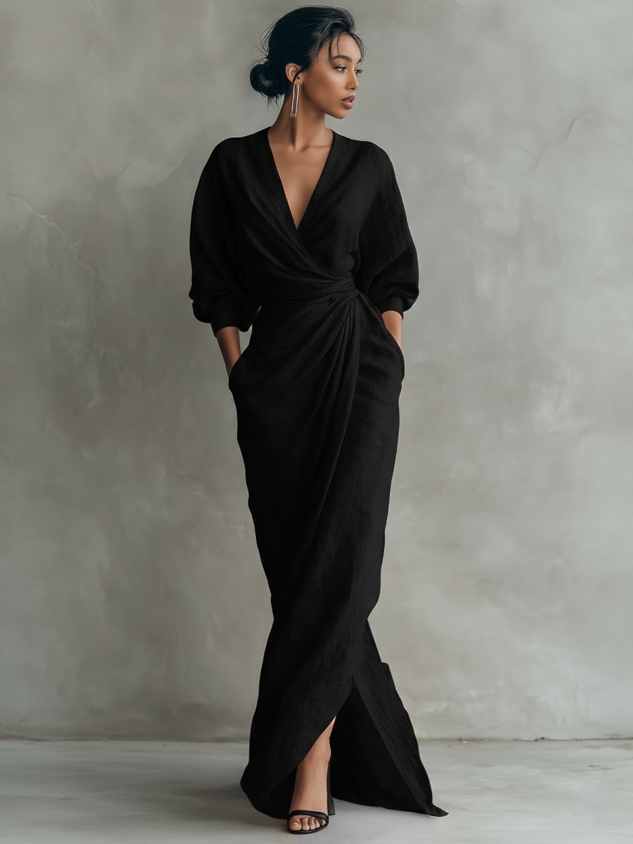 Robe longue minimaliste rose avec col en V en lin pour femmes