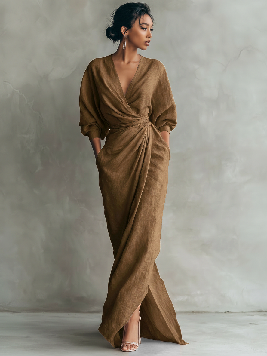 Robe maxi pour femmes en rose minimaliste avec col en V MDA1655L0Y