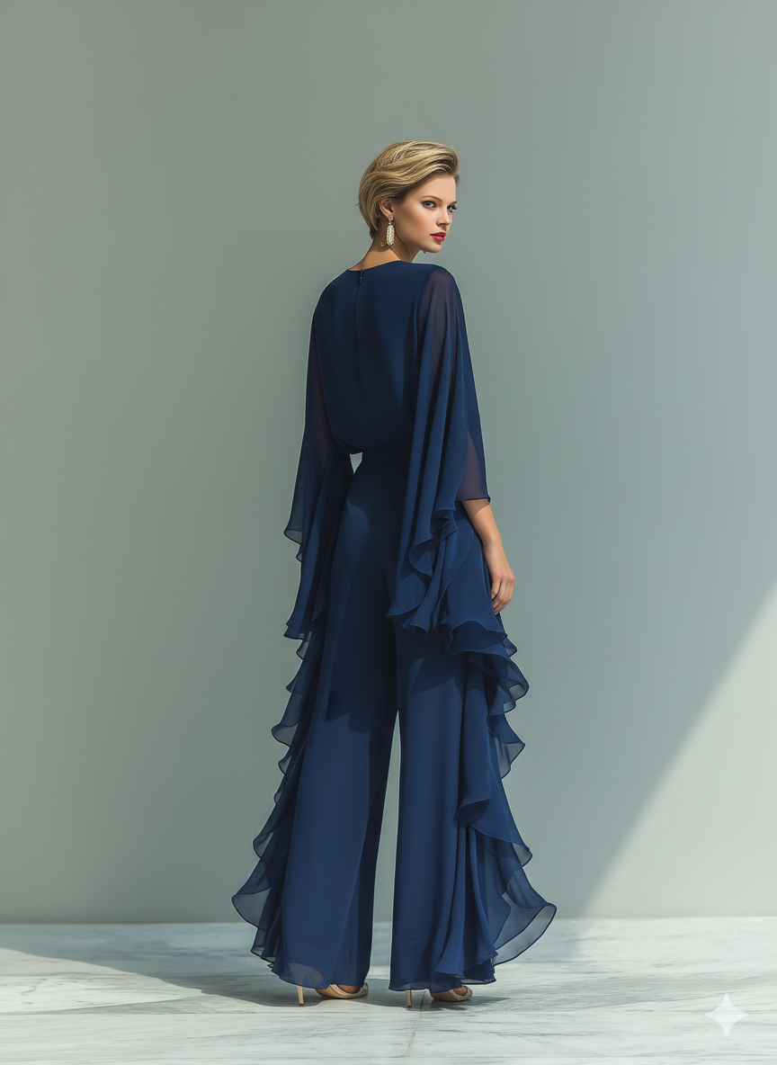 Chemisier en chiffon pour femmes en bleu Navy avec des manches évasées et un pantalon droit avec des détails plissés MDZ2218A5T