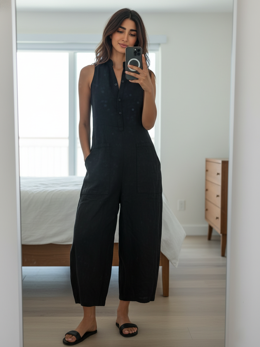 Ensemble femme minimaliste en lin avec boutons, col rigide, sans manches, ample MDZ2725A5Y