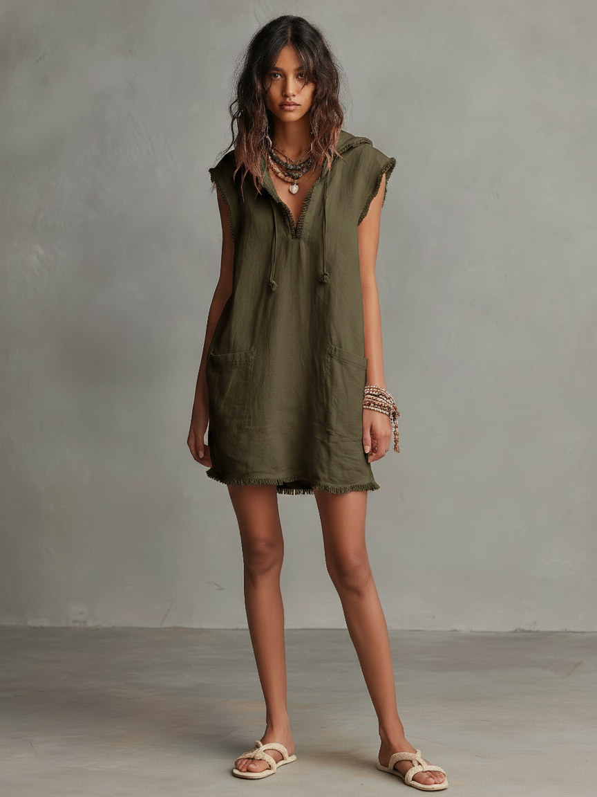 Robes mini pour femmes au style minimaliste - avec capuche, sans manches, bords roulés MDZ2961D3Y