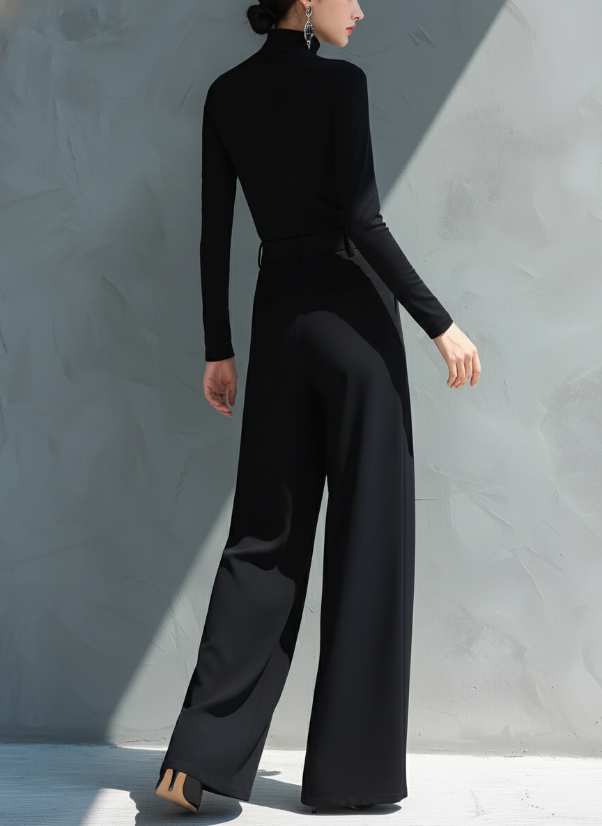 Combinaison en jersey classique pour femmes en noir avec col montant et jambes larges - MDA2133J5I