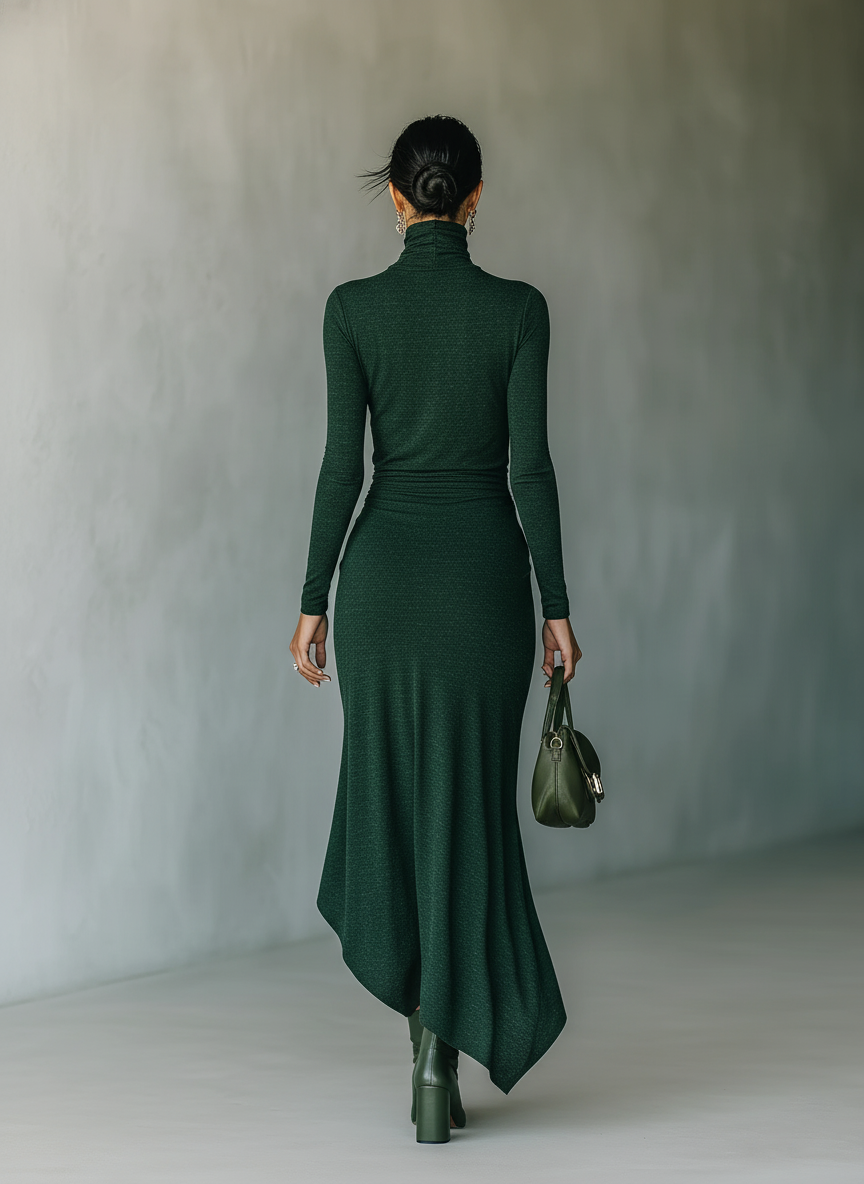 Robe midi femme vert foncé avec haute élasticité en forme de pull à col montant MDA2023J2T