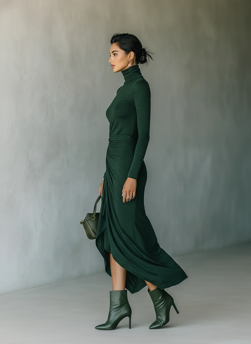 Robe midi femme vert foncé avec haute élasticité en forme de pull à col montant MDA2023J2T