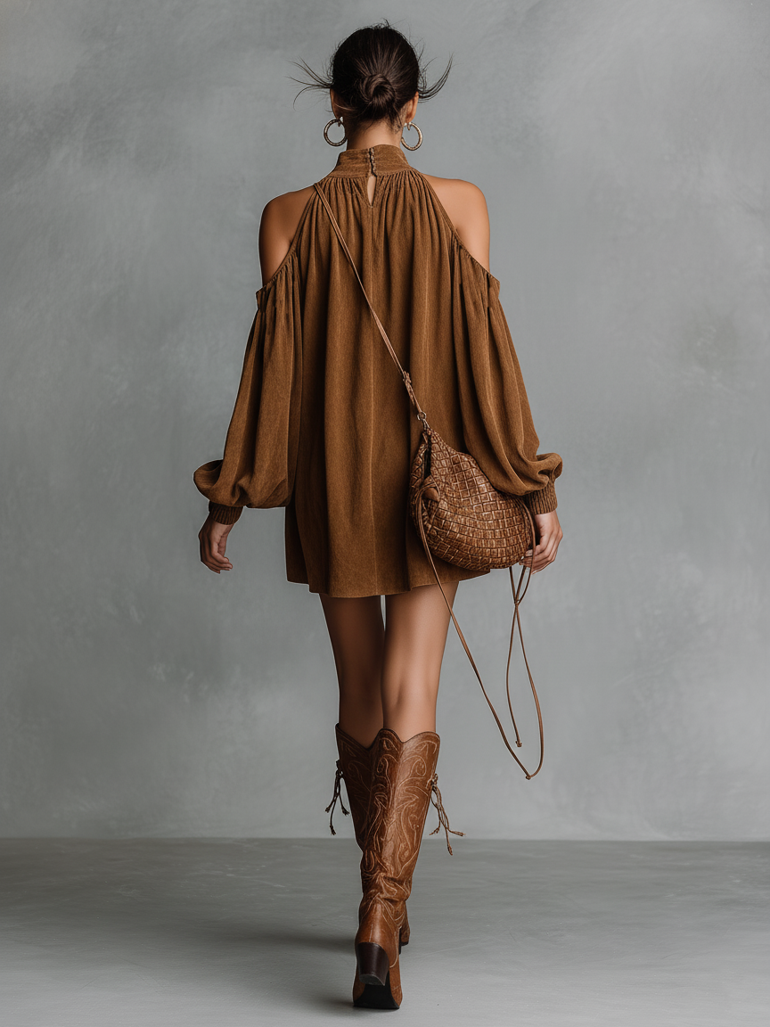 Robe mini pour femmes à coupe ample en simili cuir avec col montant et manches en forme de lanterne MDA3118J4Y