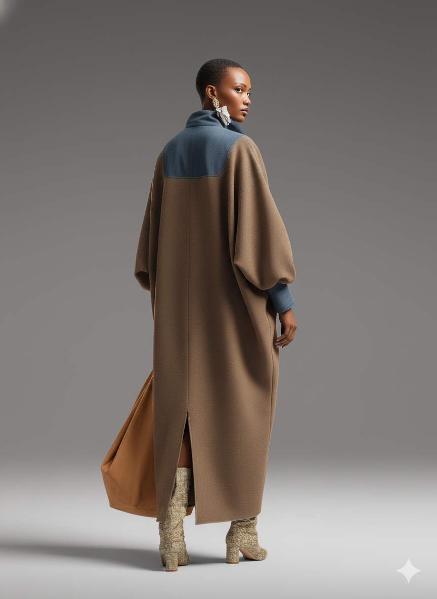Robes longues pour femmes en couleur marron avec finition réversible et bleu denim avec col montant