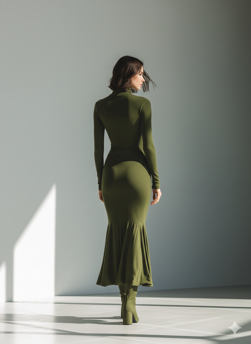 Robe maxi pour femmes en vert militaire avec col haut, tissu extensible et coupe ajustée MDA0556K1T