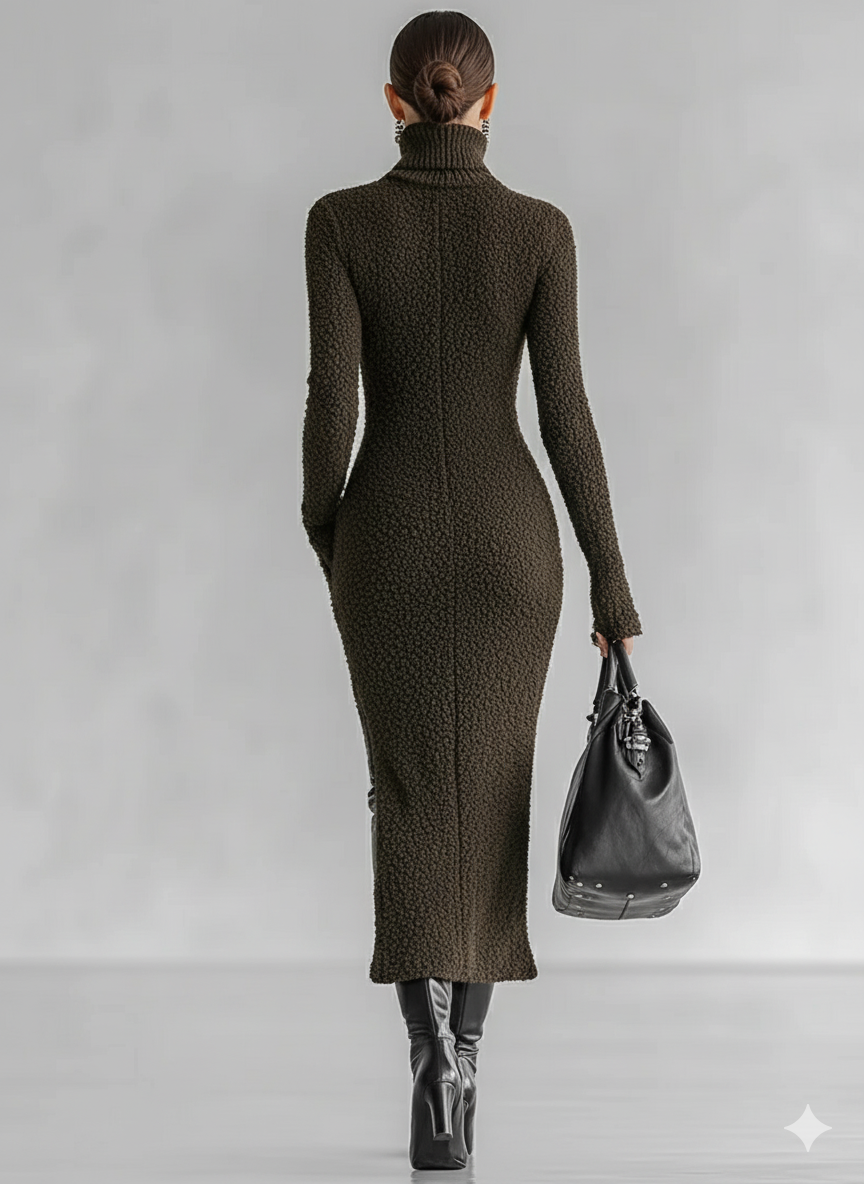Robe midi femme avec col montant, découpe latérale, style ajusté, lin doux MDA1401J4Y