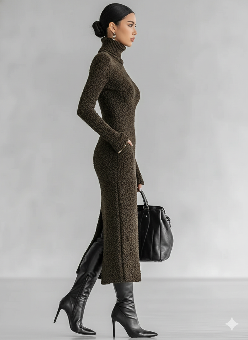 Robe midi femme avec col montant, découpe latérale, style ajusté, lin doux MDA1401J4Y