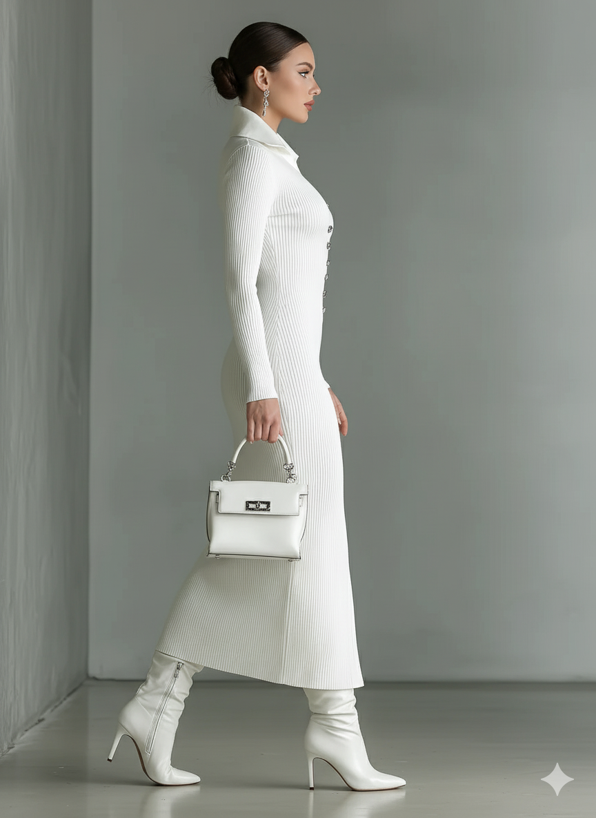 Robe midi slim avec col polo pour femmes en couleur blanche MDA1329J8T