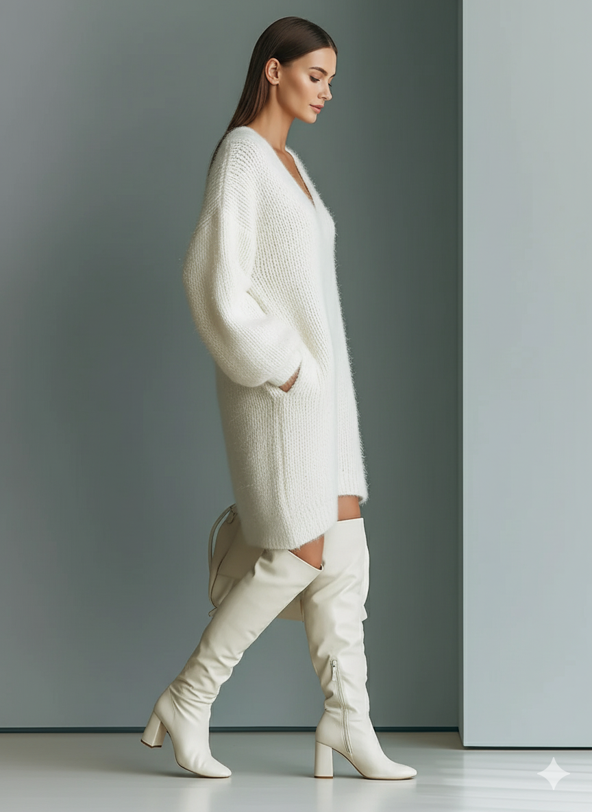 Robe en tricot mini femme blanche élégante avec col en V MDA1331J0I