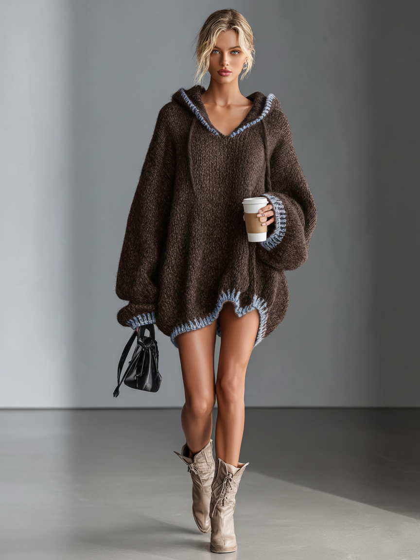 Robe mini tricotée avec capuche rose pour femmes MDA0255I8Y