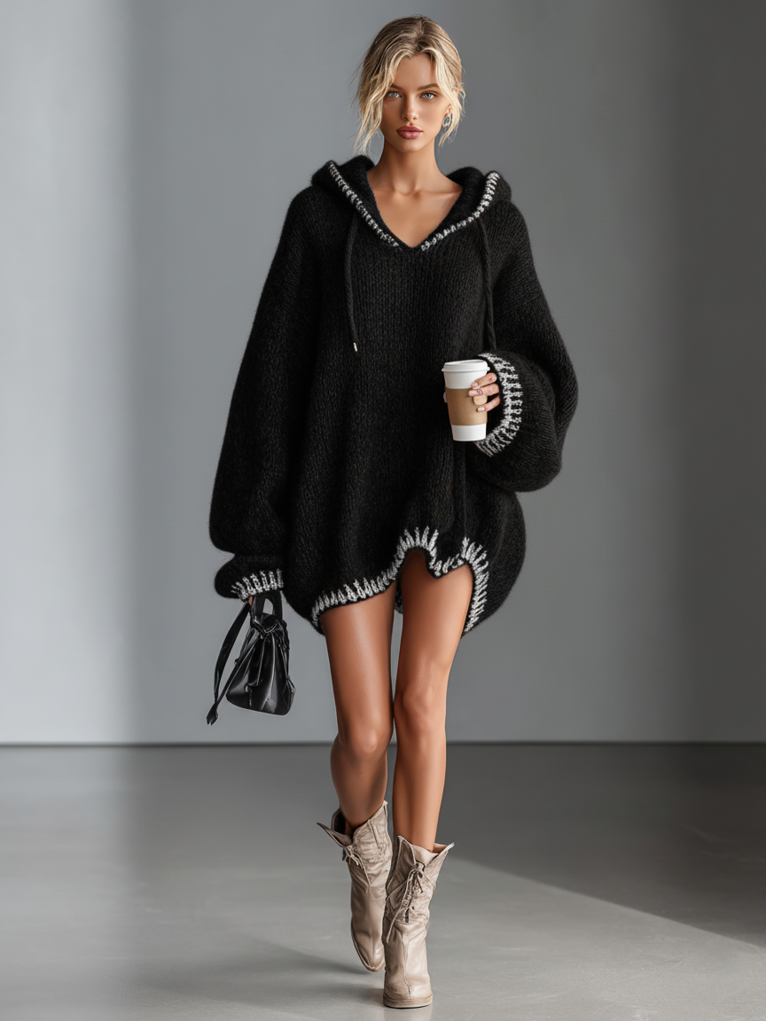Robe mini tricotée avec capuche rose pour femmes MDA0255I8Y