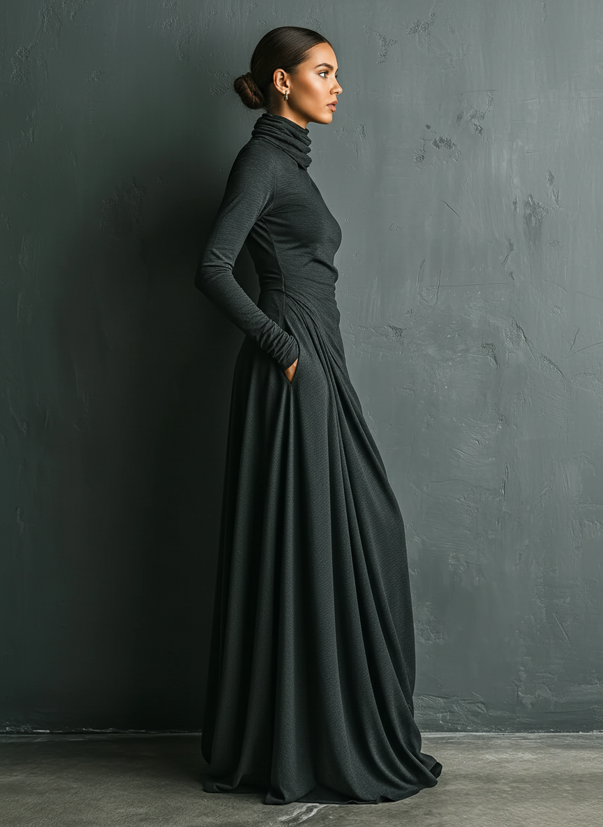 Robe maxi femme couleur anthracite avec col haut en tissu polyester-coton élégant MDA1727J1I