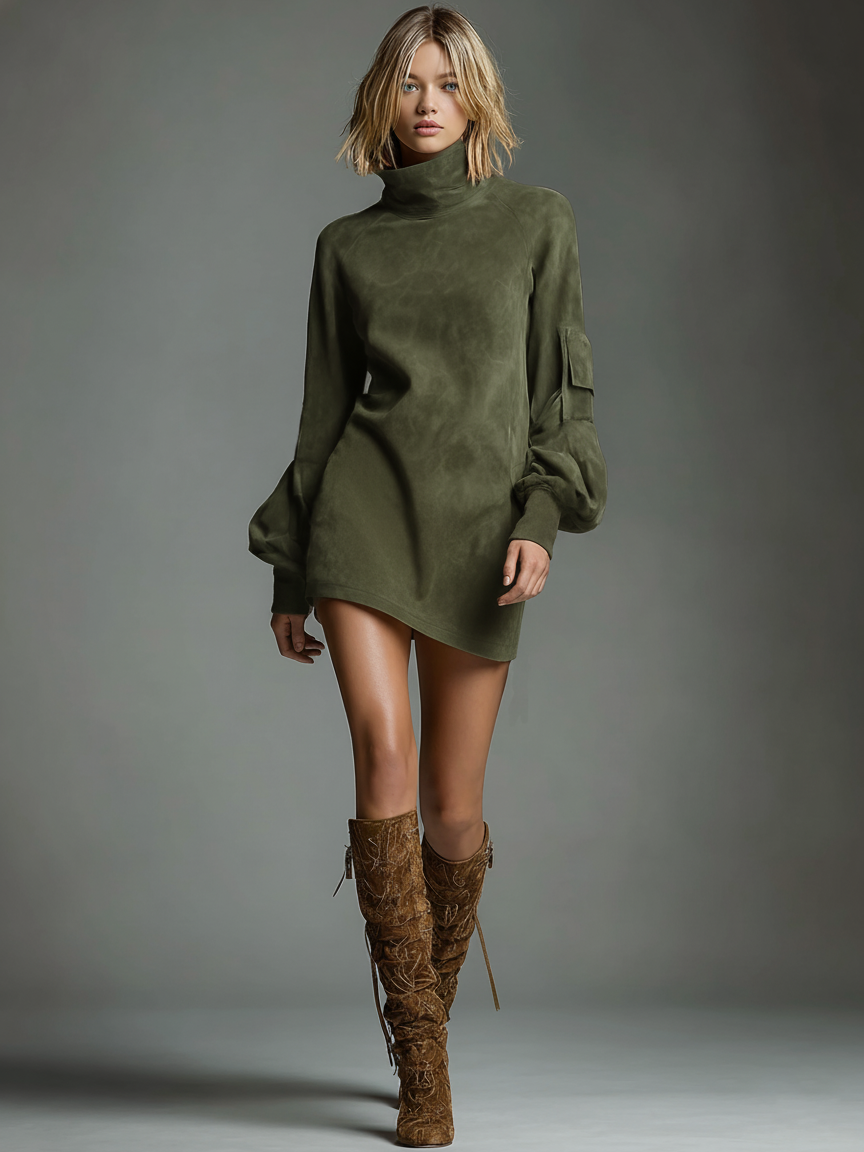 Robe mini en suédine à col roulé pour femmes