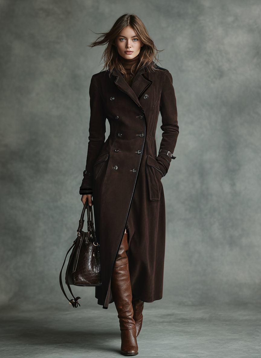 Manteau long pour femmes avec revêtement en daim, boutons doubles et pantalon MDA2580H6Y