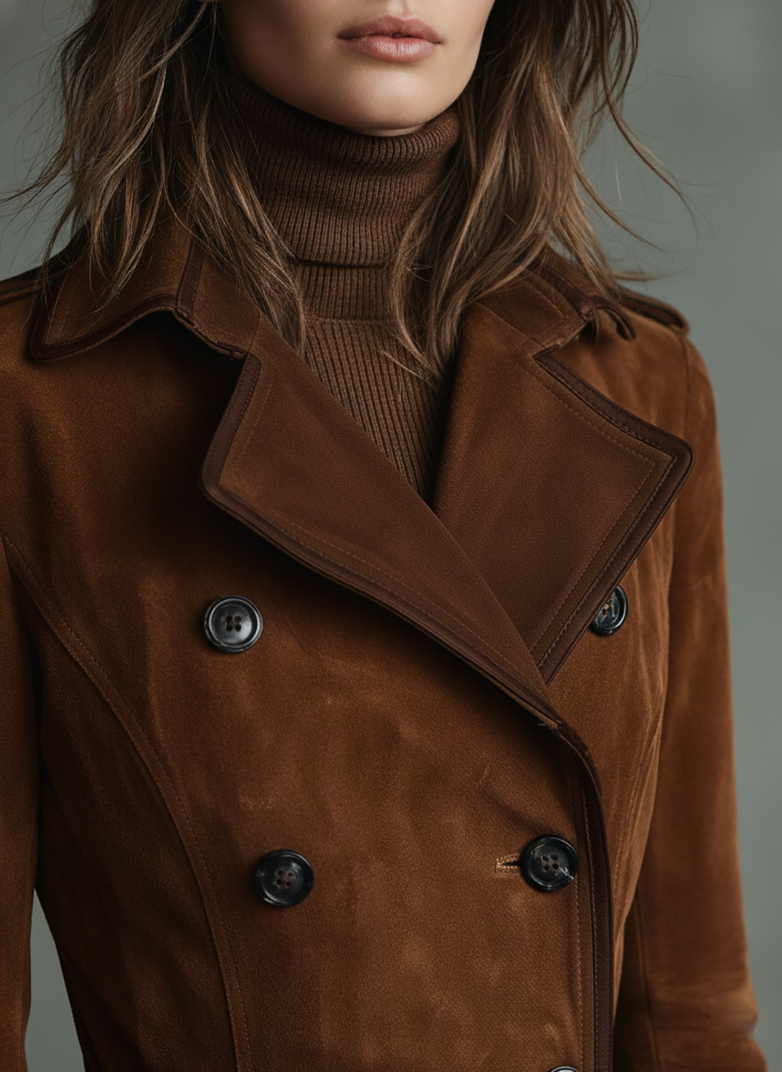 Manteau long pour femmes avec revêtement en daim, boutons doubles et pantalon MDA2580H6Y