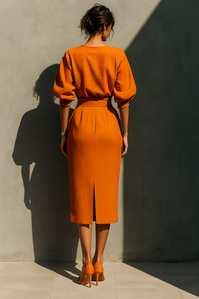 Ensemble top à manches moyennes et jupe midi pour femmes en orange MDA2511G6T