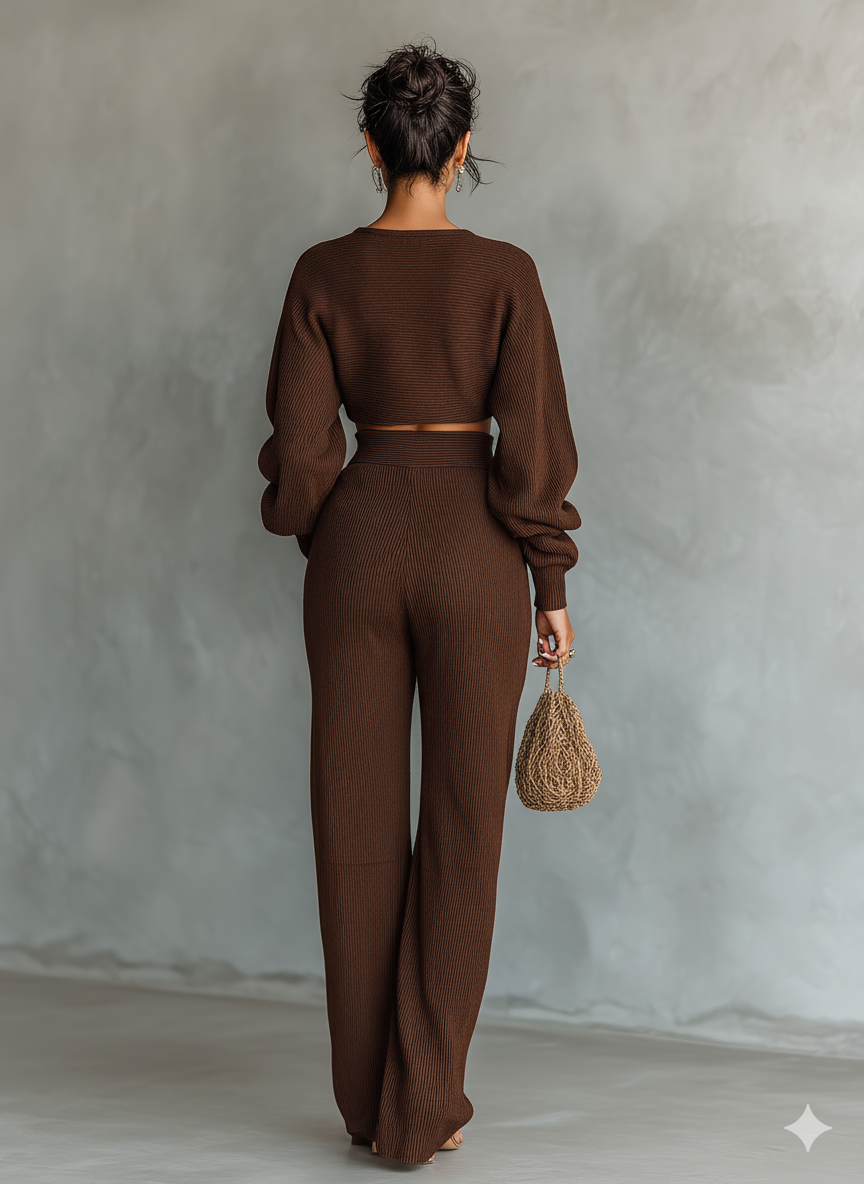 Ensemble tricoté pour femmes en couleur café : top court et pantalon large MDA3000G6T