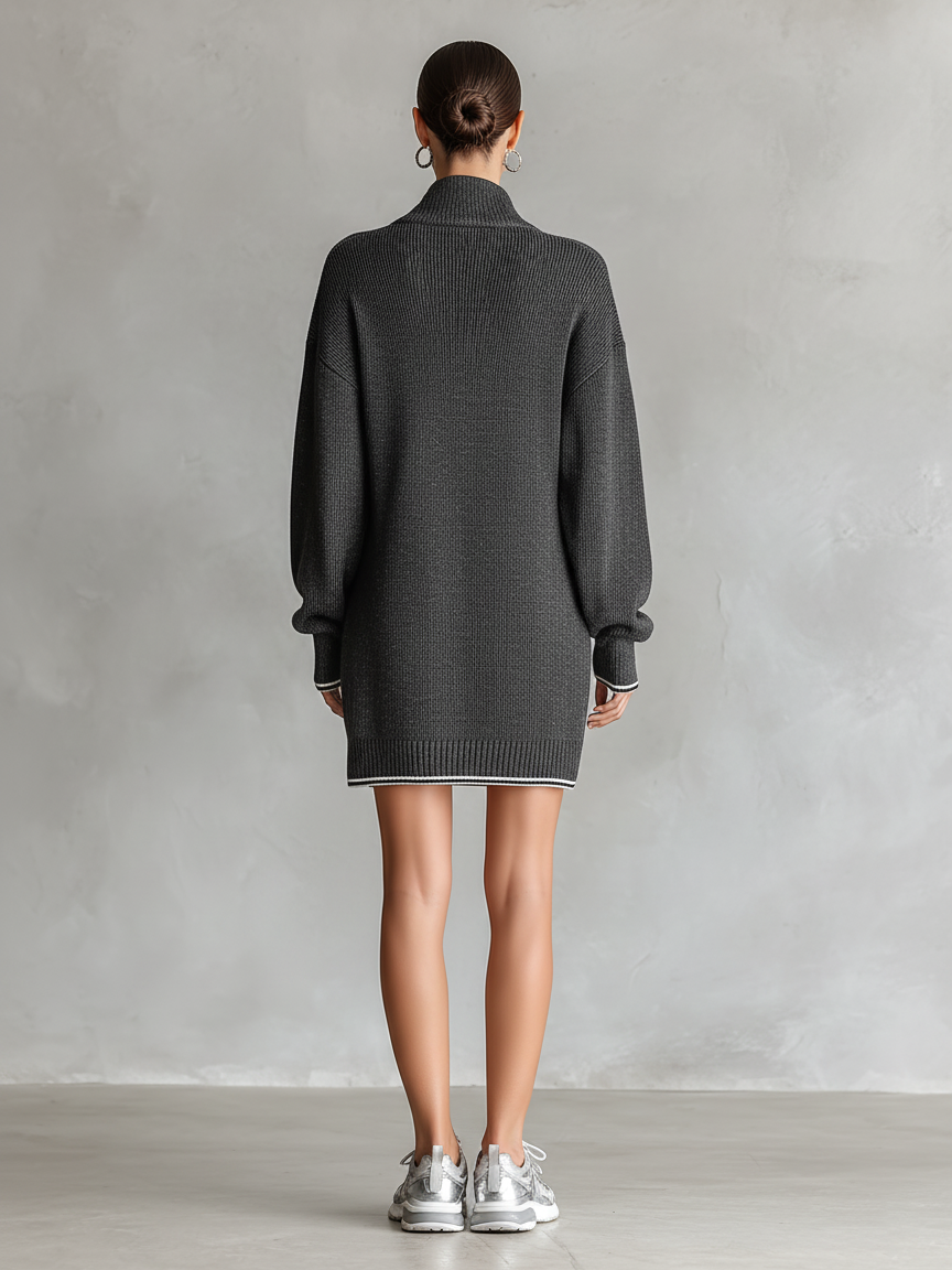 Robe mini pour femmes avec poignets blancs et design de pull décontracté avec fermeture éclair MDA0774H6Y