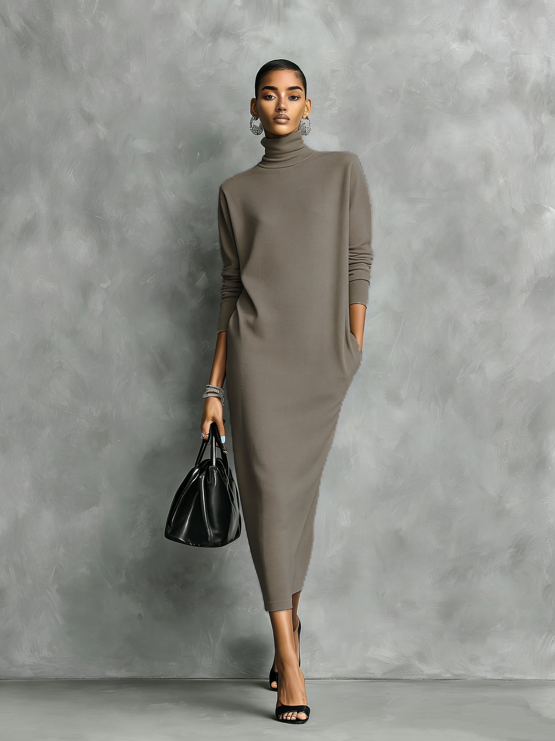 Robe midi noire élégante en maille avec col haut et manches longues, coupe douce, sans poches MDA1974L7AN