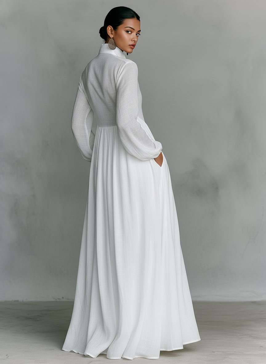 Robe maxi pour femmes au style minimaliste en mélange de coton et de lin avec des pièces de puzzle, avec un col montant et des manches longues