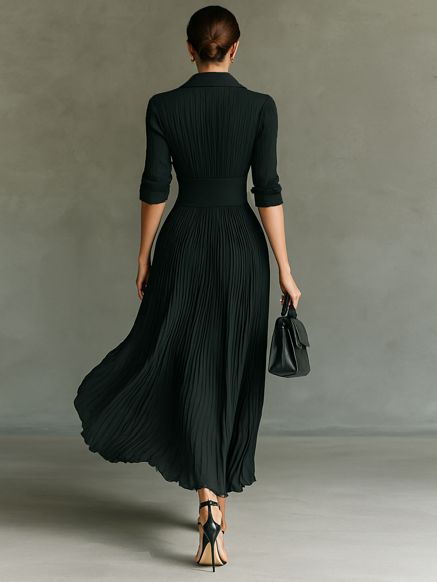Robes maxi pour femmes avec couleur unie, plis, col, manches longues