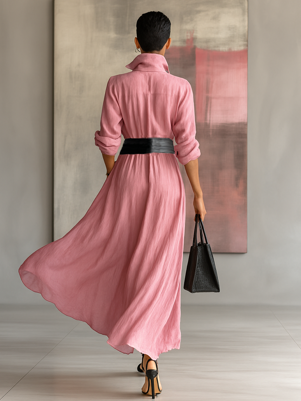 Robe maxi à col et manches longues pour femmes en couleur unie MDA0917G0Y