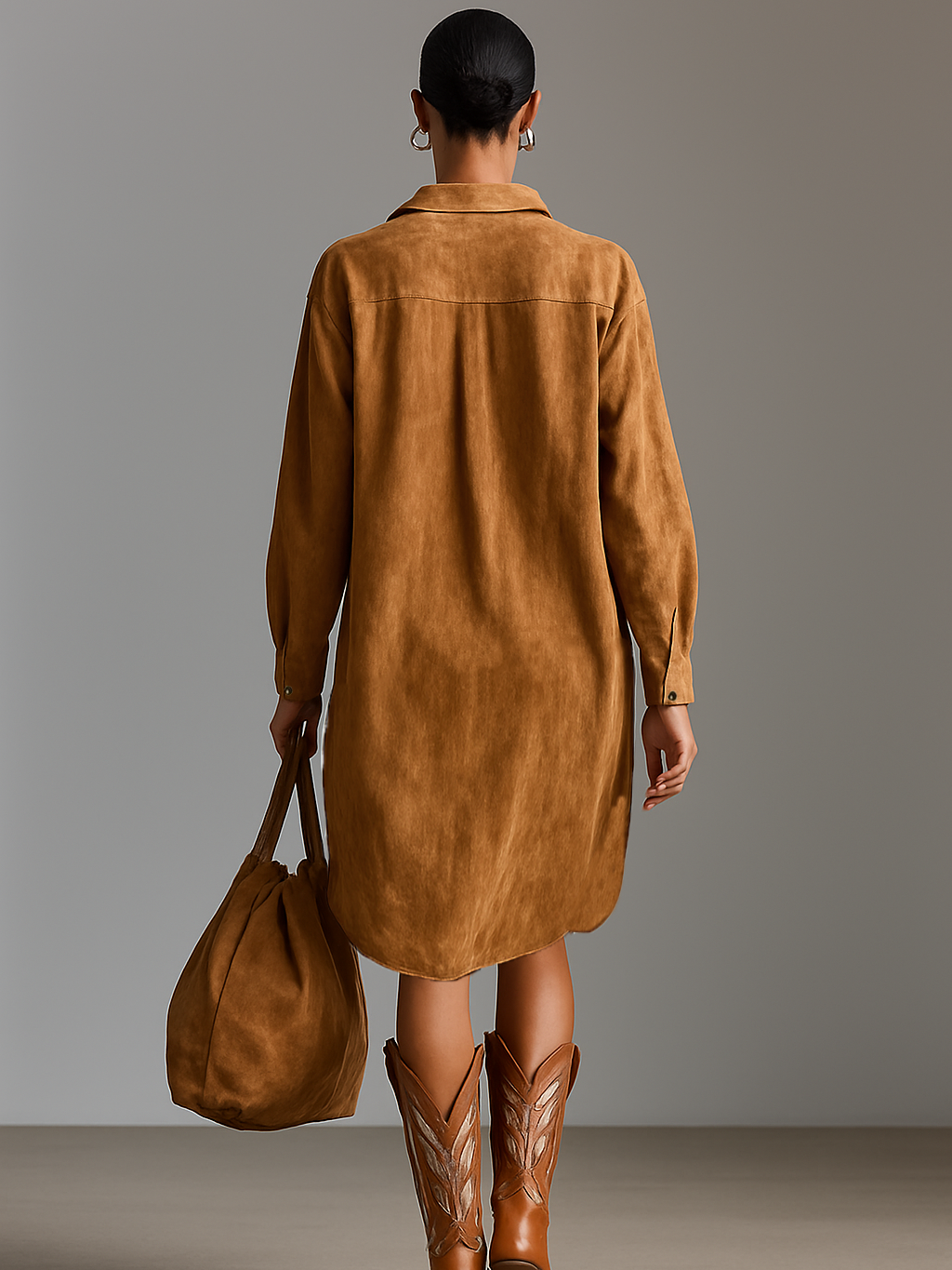 Robe mi-longue femme en suédine avec col ouvert, brodée, à manches longues MDA1489H9Y
