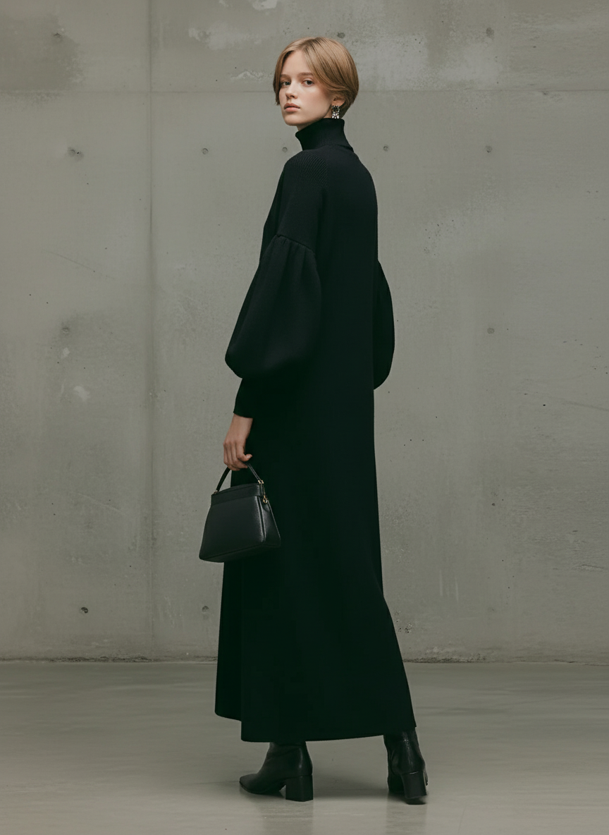 Robe maxi moderne pour femmes avec col roulé noir et manches bouffantes MDA1503L6AU