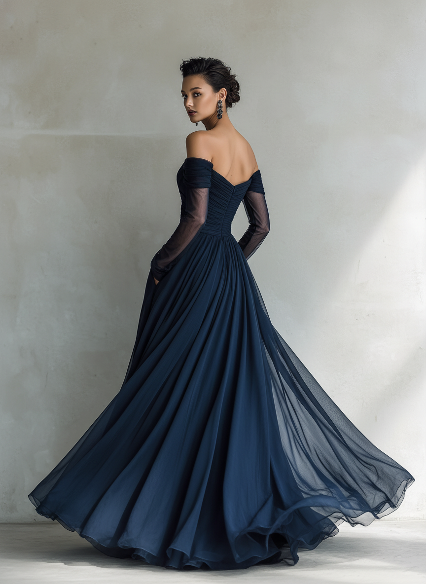 Robes maxi pour femmes en bleu foncé, en soie organza, avec des manches longues et une épaule dénudée MDA1711L9AN
