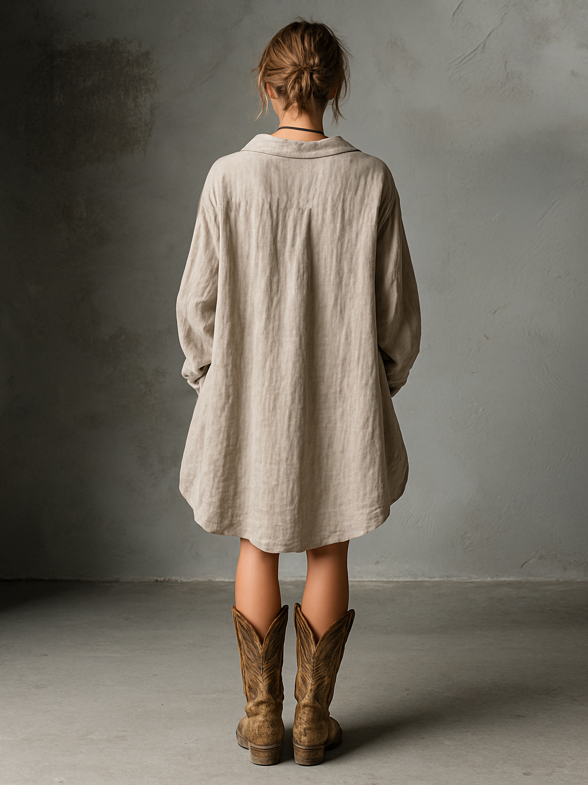 Robe mini en coton et lin loose pour femmes avec boutons et col MDA1854H2Y