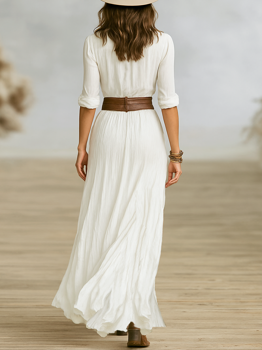 Robes maxi longues pour femmes en tissu imitant le coton et le lin avec col réversible