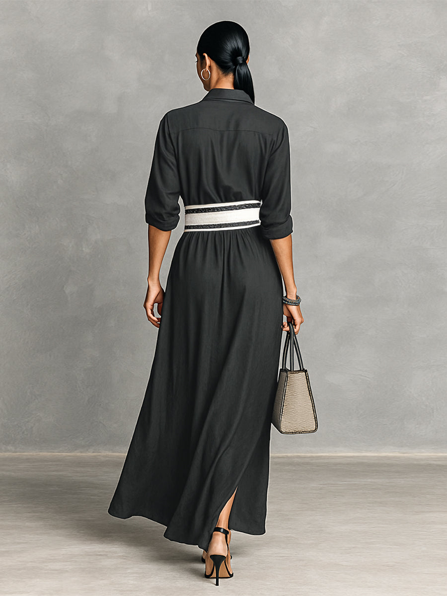 Robe maxi pour femmes en tissu de copolyester imitation avec col chemise, un bouton, manches longues MDA2258G6Y