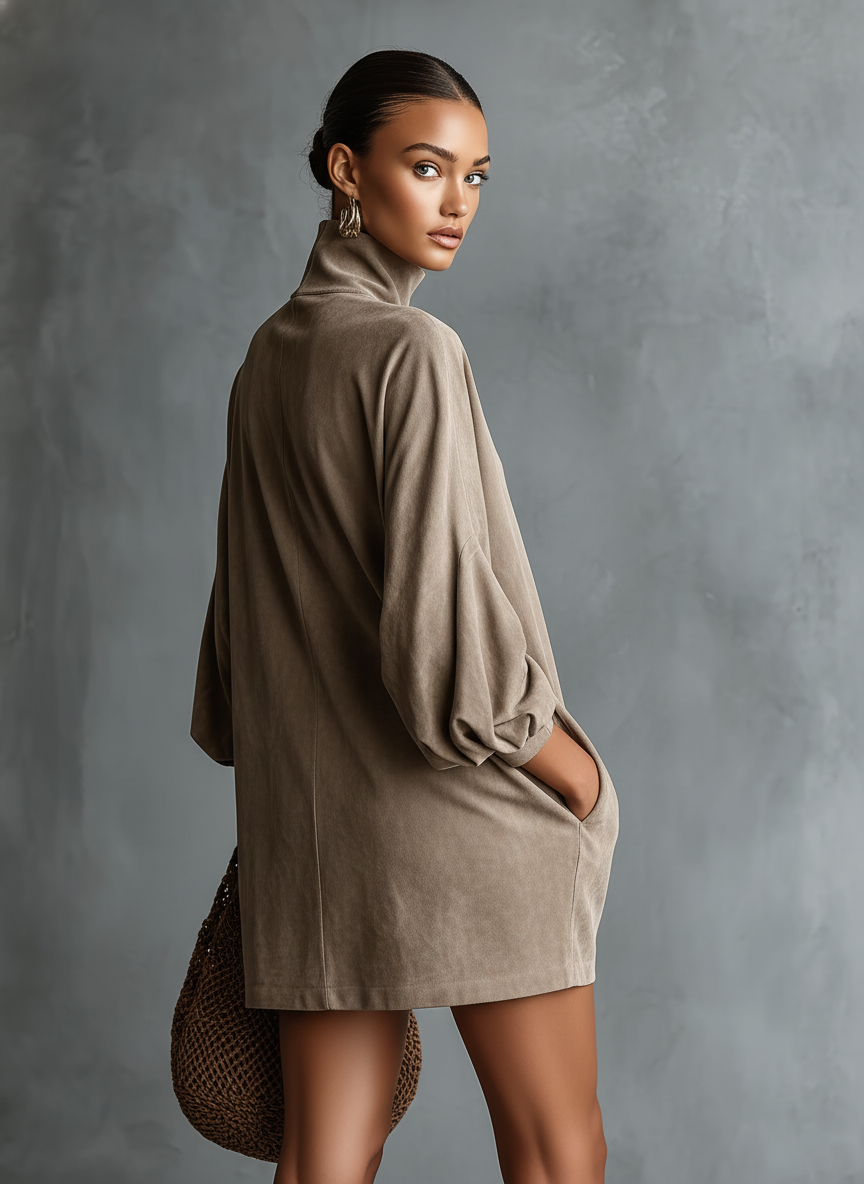 Robe mini pour femmes au design minimaliste, avec une coupe ample, en simili daim, avec col montant MDA2423K1Y