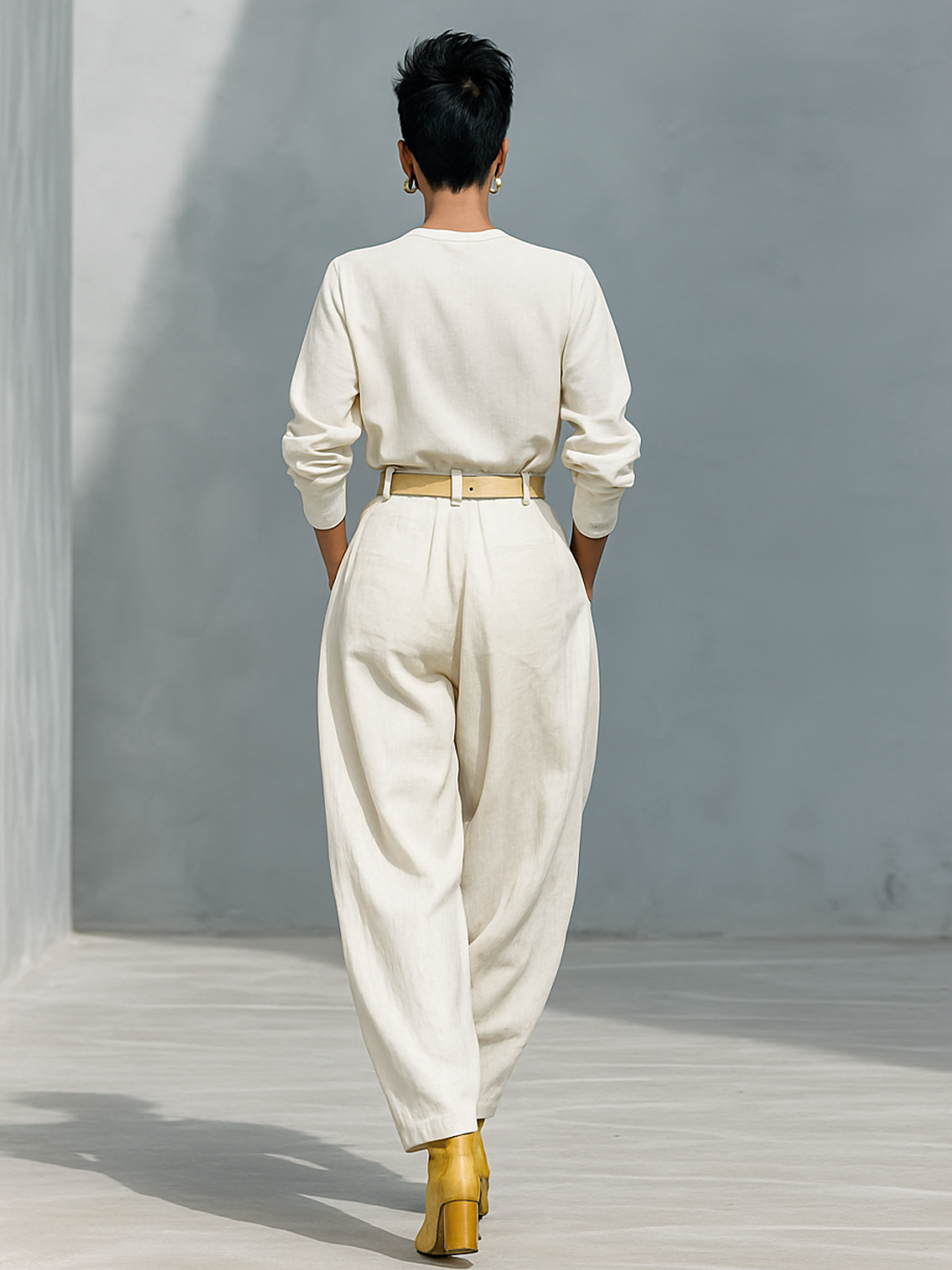 Ensemble de chemise à manches longues avec col rond et pantalon large en mélange de coton et lin pour femmes (ceinture non incluse) MDA2555G6Y