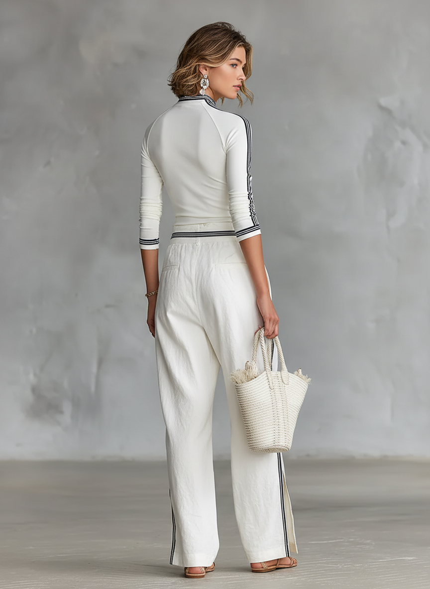 T-shirt long à col montant pour femmes et pantalon large avec cordon de serrage - ensemble deux pièces