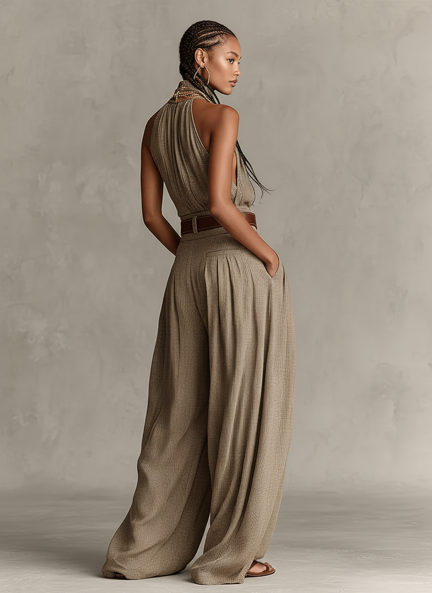 Combinaison femme couleur top avec mélange de coton, col halter et silhouette à jambes larges, style bohème-élegant intemporel (sans ceinture) MDZ0940C3I
